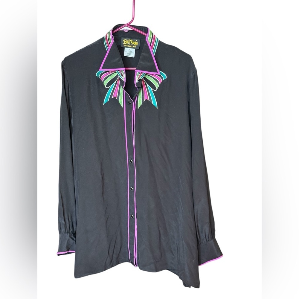 Bob Mackie Wearable Art Black Silk Blouse XL Striped Collar Bow Detail - Picture 2 of 8